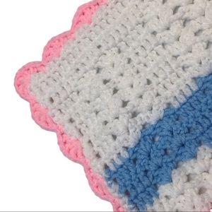 Vintage Hand Knit Knitted Baby Blanket White Pink Blue 33”X33”